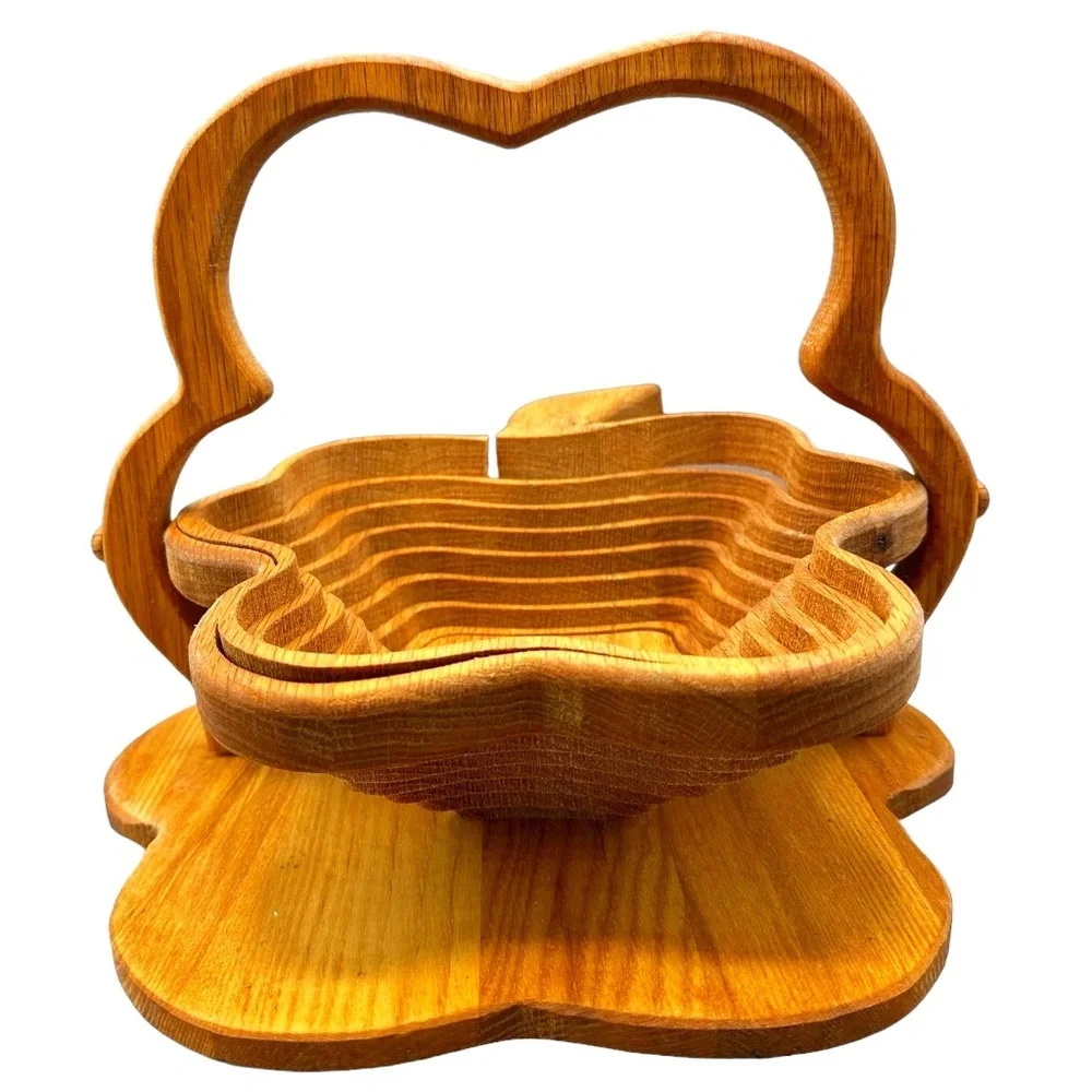 Wood Shamrock Hand Carved Collapsible Fruit Basket w Folding‎ Trivet Lucky Irish